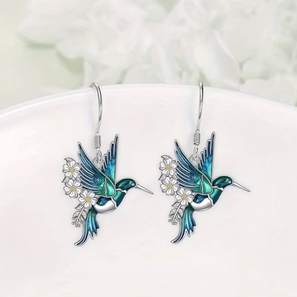 Blue and Silver Hummingbird Earrings Set. - Picture 3 of 6